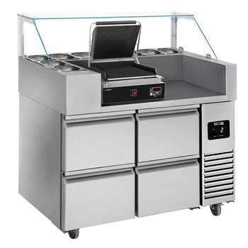 Stół przygotowawczy – 1210 mm – 4 szuflady – na 9 pojemników GN 1/6 – wraz z cyfrowym grillem kontaktowym