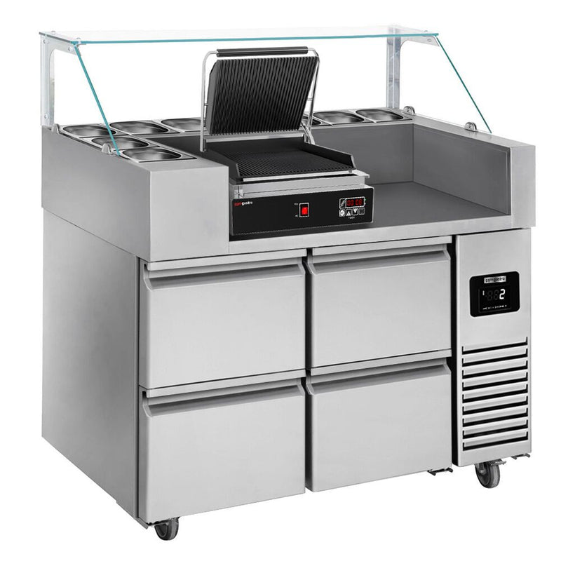 Stół przygotowawczy – 1210 mm – 4 szuflady – na 9 pojemników GN 1/6 – wraz z cyfrowym grillem kontaktowym