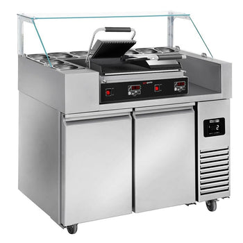 Stół przygotowawczy – 1210 mm – 2 drzwi – na 9 pojemników GN 1/6 – wraz z grillem kontaktowym