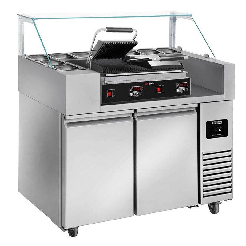 Stół przygotowawczy – 1210 mm – 2 drzwi – na 9 pojemników GN 1/6 – wraz z grillem kontaktowym