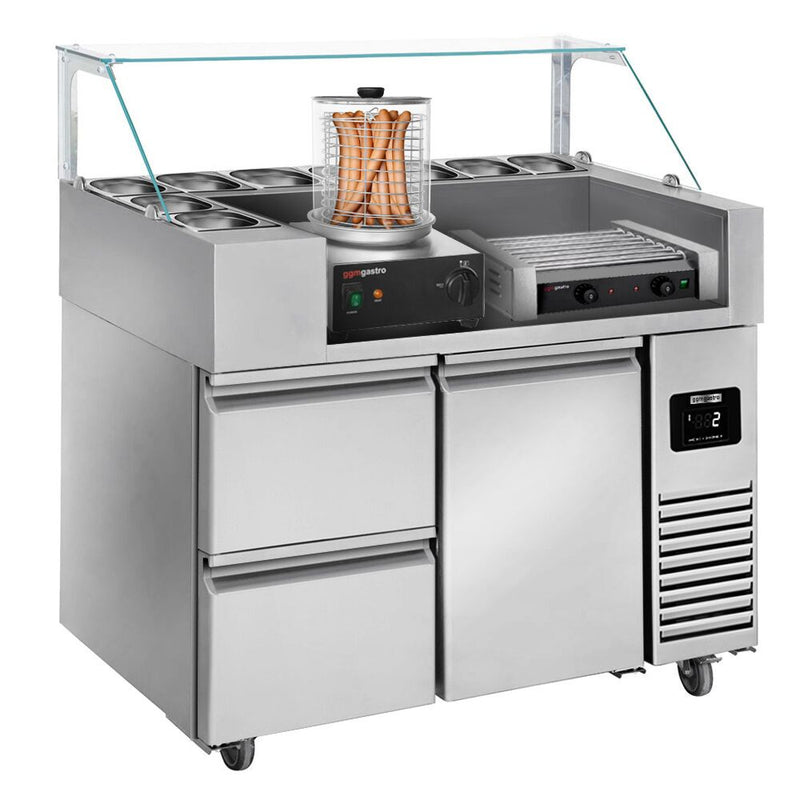 Stół do przygotowywania posiłków – 1210 mm – 1 drzwi i 2 szuflady – na 9 pojemników GN 1/6 – w zestawie grill do kiełbasek / grill do hot dogów i podgrzewacz