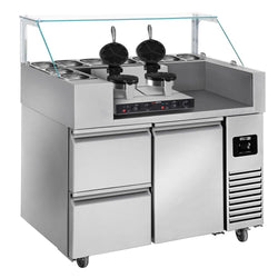 Stół przygotowawczy – 1210 mm – 1 drzwi i 2 szuflady – na 9 pojemników GN 1/6 – w zestawie gofrownica – kształt serca