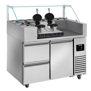 Stół przygotowawczy – 1210 mm – 1 drzwi i 2 szuflady – na 9 pojemników GN 1/6 – w zestawie gofrownica – kształt serca