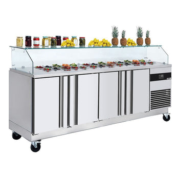 Stół Sałatkowy PREMIUM - 2330mm - 4 drzwi - dla 10x GN 1/6 - kwadratowa szklana nadstawka