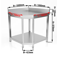 Narożny stół gastronomiczny roboczy ze stali nierdzewnej PREMIUM  - 1000x700 mm - z dolną półką & panelem tylnym