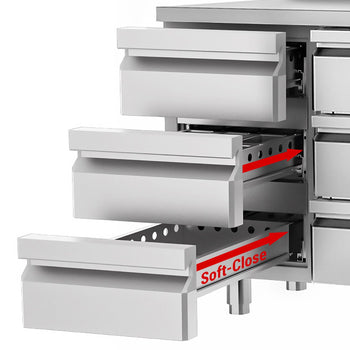 Stół chłodniczy PREMIUM - 1400x700mm - z 6 szufladami - włącznie z deską do krojenia biała - Prime Gastro