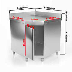 Narożna szafka gastronomiczna robocza ze stali nierdzewnej PREMIUM z drzwiami na zawiasach & panelem tylnym 1000x600 mm