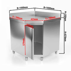 PREMIUM stainless steel corner catering worktop cabinet with hinged doors & back panel 1000x700 mm