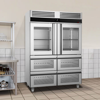 Chłodziarka ze stali nierdzewnej PREMIUM - GN 2/1 - 1400 litrów - z 2 szklanymi półdrzwiami & 4 szklanymi szufladami - Prime Gastro