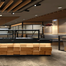 Stolik kasowy TORONTO stal nierdzewna - 1500x880mm - Panel przedni Czarny - Front drewniany - Blat roboczy Czarny granit