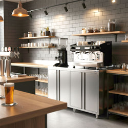 Szafka robocza – do ekspresu do kawy – 1400 x 600 mm – z 4 drzwiami skrzydłowymi i panelem tylnym