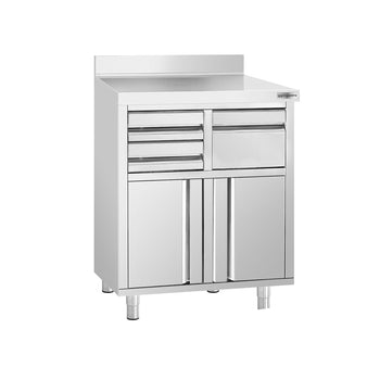 2x Szafki gastronomiczne robocze na ekspres do kawy - 800x600 mm - z drzwiami na zawiasach, szufladami, kołatką & panelem tylnym - Prime Gastro