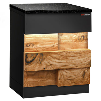 Lada kasowa TORONTO - 600 mm - drewniany panel przedni - blat roboczy kuchenny z czarnego granitu - Prime Gastro