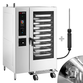 Gazowy-Piec konwekcyjno-parowy - dotykowy - 40x GN 1/1 - z systemem mycia - w zestawie: Boiler, Czujnik temperatury & Stojak wewnętrzny
