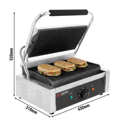 Contact grill for hamburgers – grilling surface: 340 x 230 mm – 3 kW – from +50 to +300 °C – with ribbed top and bottom plate, image 2 of 13