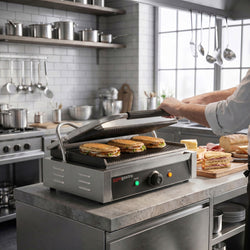 Contact grill for hamburgers – grilling surface: 340 x 230 mm – 3 kW – from +50 to +300 °C – with ribbed top and bottom plate, image 12 of 13