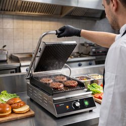 Grill kontaktowy do hamburgerów – powierzchnia grillowa: 230 x 350 mm – 2,3 kW – od +50 do +300 °C – z ryflowaną płytą górną i dolną, zdjęcie 10 z 10