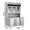 Stół chłodniczy – 1350 x 800 mm – z regałem chłodniczym przyściennym – z 3 drzwiami szklanymi u góry i 3 drzwiami u dołu – z powierzchnią roboczą