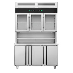 Stół chłodniczy - 1350x700mm - 455L - z 3 drzwiami - z 3 przeszklonymi drzwiami - 6 półki - z oświetleniem LED - podwójna szyba - na rynek PL