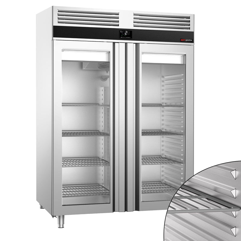 Szafa chłodnicza ze stali nierdzewnej PREMIUM - GN 2/1 - 1350L - 1400x810mm - 2 drzwi - chłodzenie wentylowane; samozamykające drzwi