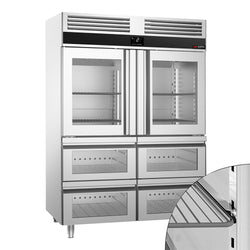 Commercial Upright Fridge Stainless steel PREMIUM - GN 2/1 - 1400L - with 2 glass doors & 4 drawers