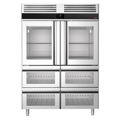 Commercial Upright Fridge Stainless steel PREMIUM - GN 2/1 - 1400L - with 2 glass doors & 4 drawers
