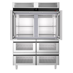 Commercial Upright Fridge Stainless steel PREMIUM - GN 2/1 - 1400L - with 2 glass doors & 4 drawers