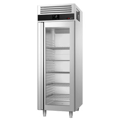 Lodówka | Szafa chłodnicza ze stali nierdzewnej PREMIUM - GN 2/1 - 650L - 700x810mm - 1 drzwi przeszklona - chłodzenie wentylowane; samozamykające drzwi