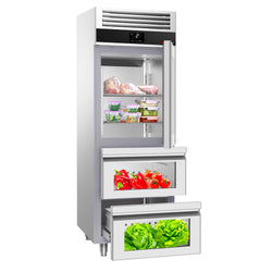 Commercial Upright Fridge Stainless steel PREMIUM - GN 2/1 - 700L - with 1 glass door - 2 drawers