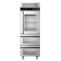 Commercial Upright Fridge Stainless steel PREMIUM - GN 2/1 - 700L - with 1 glass door - 2 drawers