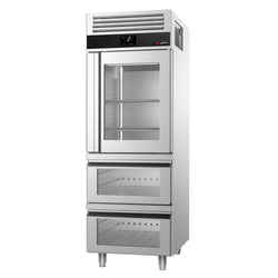 Commercial Upright Fridge Stainless steel PREMIUM - GN 2/1 - 700L - with 1 glass door - 2 drawers