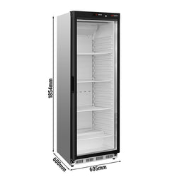 Commercial Upright Storage Fridge Stainless steel PREMIUM - 400L - with 1 Glass Door - Static cooling with fan assist