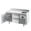 Stół chłodniczy Premium PLUS – 1468 x 700 mm – ze zlewem 1-komorowym, 1 drzwiami i 2 szufladami 1/2 – z rantem