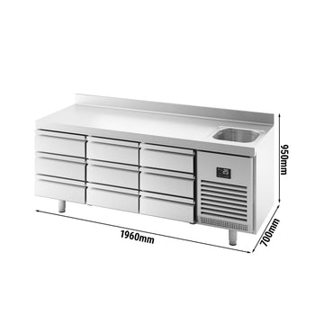 Stół chłodniczy Premium PLUS - 1960x700 mm - z 1 zlewem, 9 szufladami & panelem tylnym - Prime Gastro