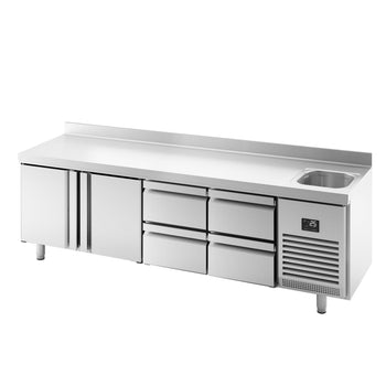 Stół chłodniczy PREMIUM PLUS - 2452x600mm - 510L - z 2 drzwiami - z 4 szufladami - z rantem