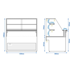 Lada chłodnicza TORONTO - 1300 mm - 2 półki - czarny panel przedni - blat roboczy kuchenny z czarnego granitu