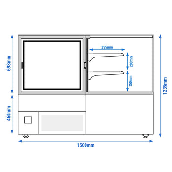 Narożna witryna ekspozycyjna na ciasta MADRID - 1500 mm - z oświetleniem LED & 2 półkami - czarna matowa - Prime Gastro