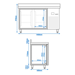 Commercial Counter Fridge PREMIUM - 1400x600mm - with 2 doors - capacity 250 litres