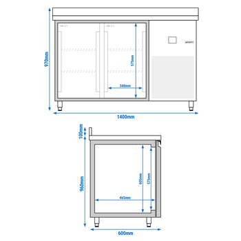 Stół chłodniczy PREMIUM - 1400x600 mm - z 2 drzwiami & panelem tylnym - Prime Gastro