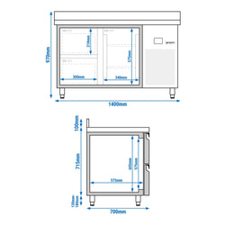 Stół chłodniczy PREMIUM - 1400x700 mm - z 1 drzwiami & 2 szufladami & z panelem tylnym