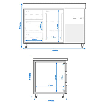 Stół chłodniczy PREMIUM - 1400x700 mm - z 1 drzwiami i 3 szufladami & z panelem tylnym - Prime Gastro