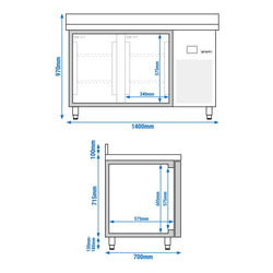 Stół chłodniczy PREMIUM - 1400x700 mm - z 2 szklanymi drzwiami & panelem tylnym