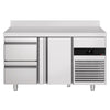 Stół chłodniczy PREMIUM – 1400 x 700 mm – z 1 drzwiami i 2 szufladami – z rantem
