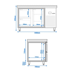 Stół chłodniczy PREMIUM – 1400 x 700 mm – z 1 drzwiami – 2 szufladami – wraz z blatem z granitu