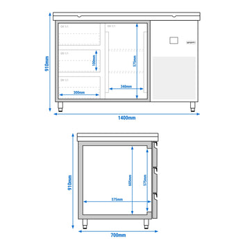 Stół chłodniczy PREMIUM - 1400x700 mm - z 1 drzwiami i 3 szufladami - włącznie z deską do krojenia w kolorze zielonym - Prime Gastro