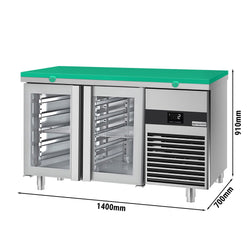 Stół chłodniczy PREMIUM - 1400x700 mm - z 2 szklanymi drzwiami - włącznie z deską do krojenia w kolorze zielonym