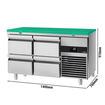 Stół chłodniczy PREMIUM - 1400x700mm - z 4 szufladami - włacznie z deską do krojenia zielona - Prime Gastro