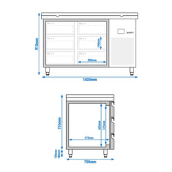 Stół chłodniczy PREMIUM - 1400x700mm - z 6 szufladami - włącznie z deską do krojenia zielona