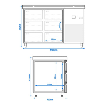 Stół chłodniczy PREMIUM - 1400x700mm - z 6 szufladami - włącznie z deską do krojenia zielona - Prime Gastro