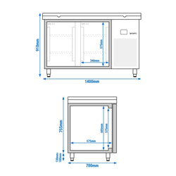 Stół chłodniczy PREMIUM - 1400x700 mm - z 2 szklanymi drzwiami - włącznie z deską do krojenia w kolorze zielonym